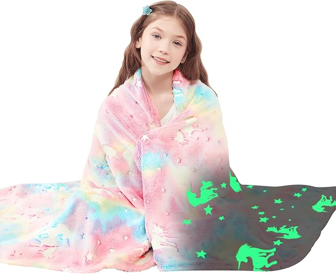 Viviland Kids Throw Blanket Glow in The Dark, Pink Unicorn Toddler Blankets for Girls, Soft Warm Lightweight Plush Throw Blanket Fleece for Sofa Chair Couch Bed Gift for Kids, 50" x 60"