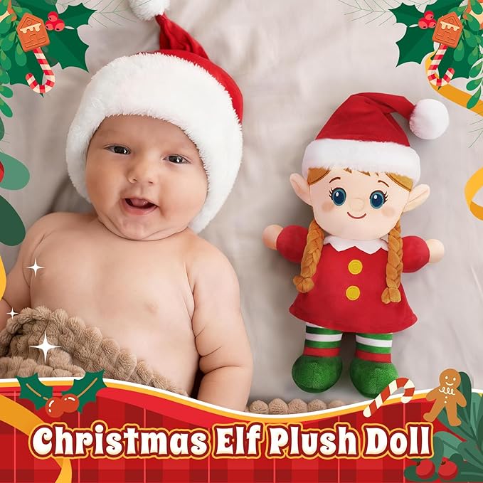 Christmas Elf Plush, Soft Baby Doll Girls First Baby Doll Toys Birthday Christmas Plushies Gift Elf Toy for Toddler Kids Infants