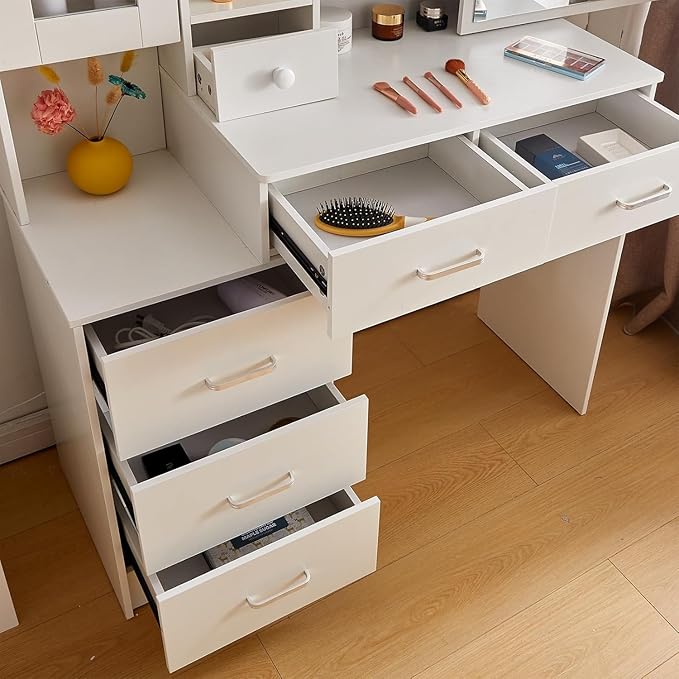 Large Vanity Desk with LED Lighted Mirror, 6 Drawers, 1 Door Cabinets, 6 Oppen and Hidden Shelves Makeup Table with Brightness Adjustable, Dressing Vanity Set for Girls