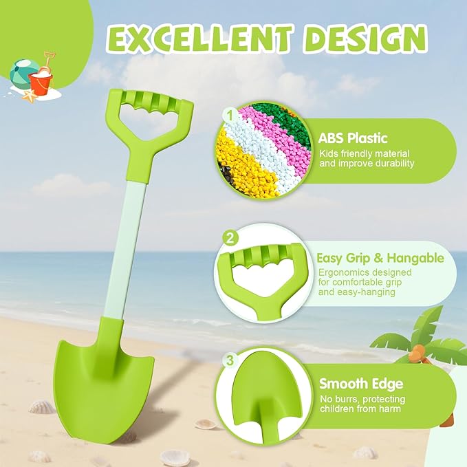 20” Long Sand Beach Shovels for Kids Heavy Duty Plastic Summer Sand Scoops Spades Toy Sandbox Garden Snow Digging Play Gift Set Party Bundle 2 Pack Green
