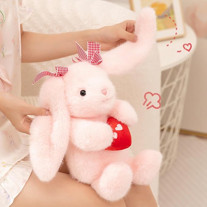 PEACH CAT Love Bunny Stuffed Animals Holds Red Heart 8" Cute Rabbit Plushies Soft Plush Toys Romantic Sweet Gifts for Girlfriends Kids Pink