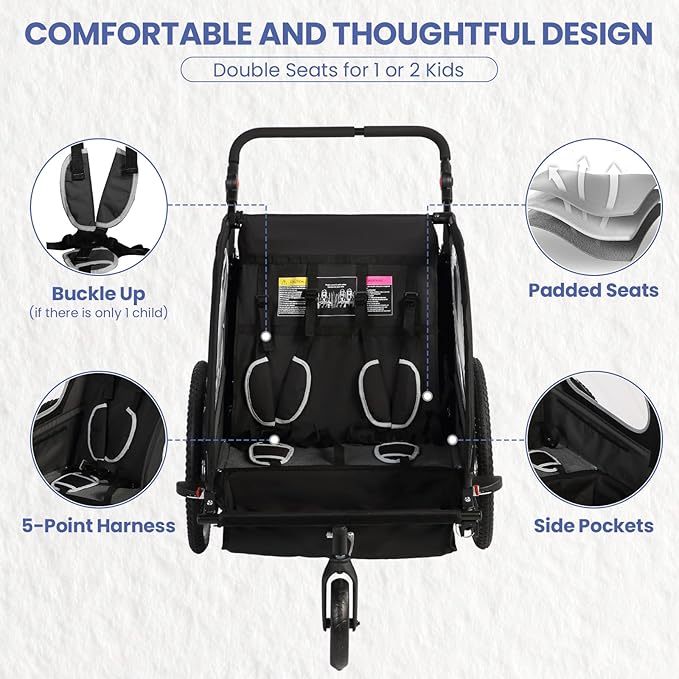 Sepnine Kids Bike Trailer, 2 in1 Canopy Carrier Converts to Pushcart Suitable for 1 to 2 Toddlers, Kids, Quick Attach to Bike, Foldable, with 5-Point Harness and Storage Bags