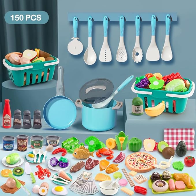 150Pcs Kitchen Playset, Toddlers Pretend Cooking Cookware Accessories, Food, Picnic Blanket, Fruits, Veges, 2Pack Shopping Storage Basket, Dessert and Prop Money, Gift for Kids (Turquoise)