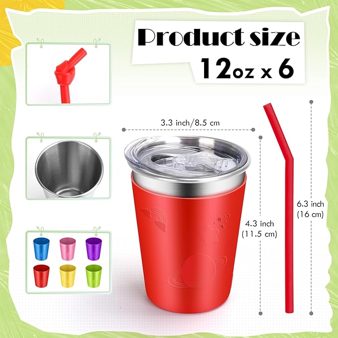ShineMe Toddler Cups 6 pack, 12oz Stainless Steel Kids Cups Spill Proof, Unbreakable Toddler Sippy Cup With Soft Straws/Airtight Sliding Lids/Colorful Cute Silicone Sleeves, Indoor and Outdoot Use