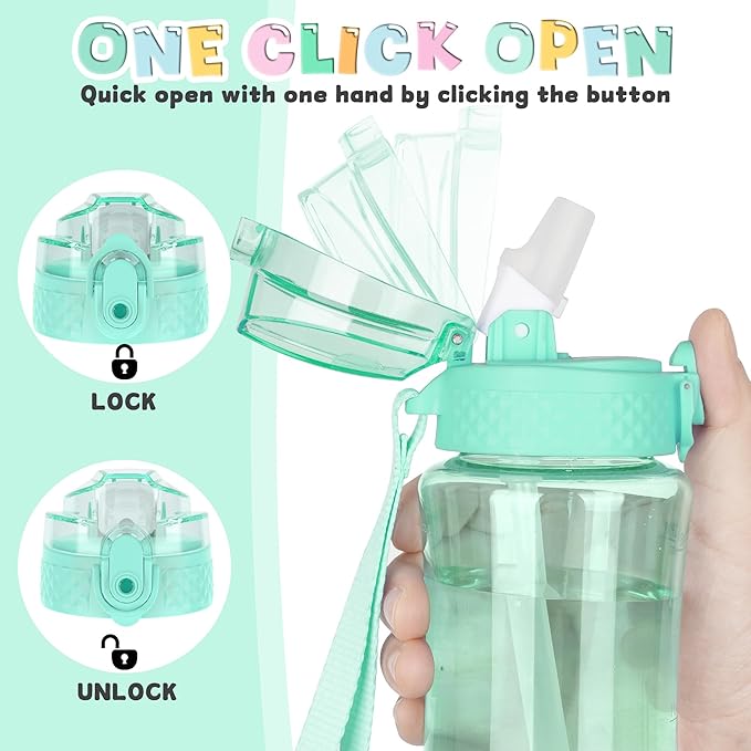 OLDLEY 12oz Kids Water Bottle for school Girls Boys, Motivational Water Bottles With Silicone Straw, Leak-Proof Tritan BPA-Free, Reusable water bottles for kids, Glow Green