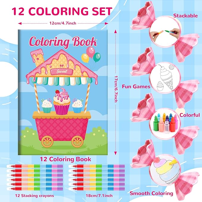 BenLouis 12 Donut Candyland Mini Coloring Books Kids with 12 Stacking Crayons Ice Cream Party Favors Small Activity Books Bulk for Kids Sweet Treats Desserts Birthday Party Gift Goodie Bag Stuffers