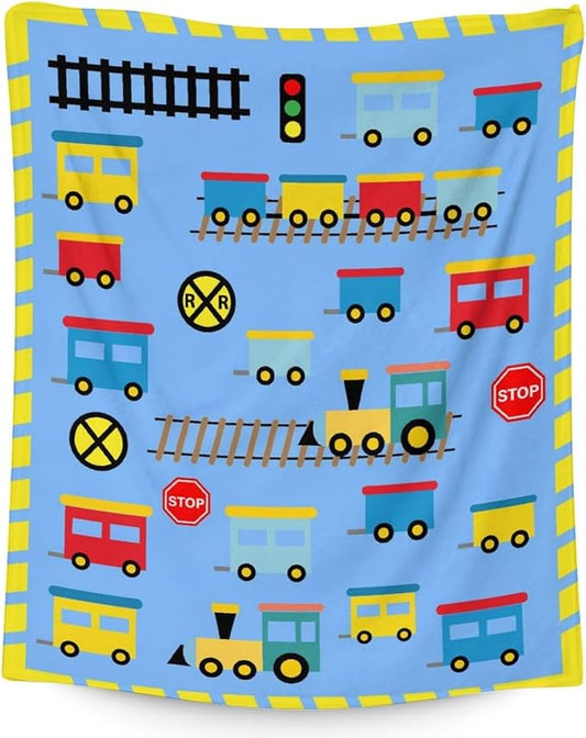 Train Gifts for Kids - Soft Fluffy Train Blanket - 30"x40" Inches Lap Throw Blankets - Light Blue Cartoon Throws for Kids