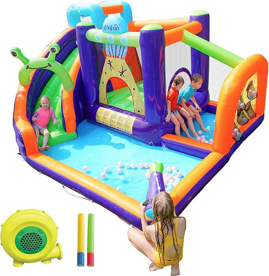 AirMyFun Water Bounce House Inflatable Water Slide Park for Kids Aged 3-10 with Long Slide, Water Gun and Ball Pool Play House for Outdoor Backyard