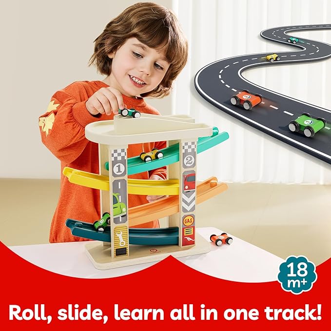TOP Bright Toddler Wooden Race Track Car Ramp Toys for 1 2 Year Old Baby Motor Skills Race Tracks Car Ramp Vehicle Playsets with 4 Mini Cars and 1 Car Garage