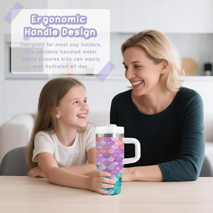 Gifts for Girls - 14oz Kids Themed Tumbler with Handle and Straw, Stainless Steel Insulated Water Cup, for Sport, School, Travel - Colorful Children Birthday Gift Cup(1pc)