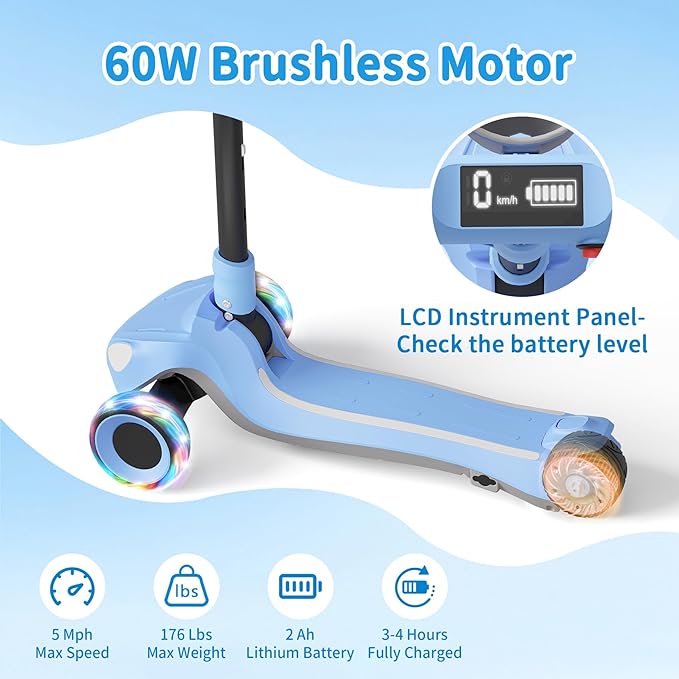 Electric Scooter for Kids with 3 LED Lighted Wheels, Adjustable Height & Lean-to-Steer, Anti-Slip Deck with Lights, Easy-Fold Mechanism, Balance Scooter for Kids,Toddlers