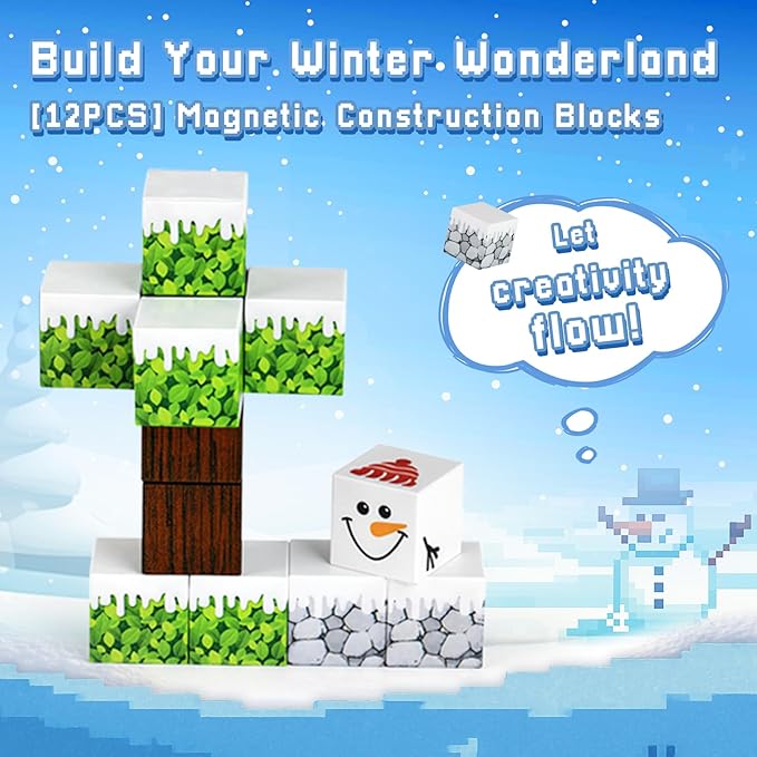 3 otters 12PCS Magnetic Building Blocks, STEM Toys Travel Magnetic Tiles for Kids with Storage Box for Boys Girls Birthday Christmas Party Gift (Winter)