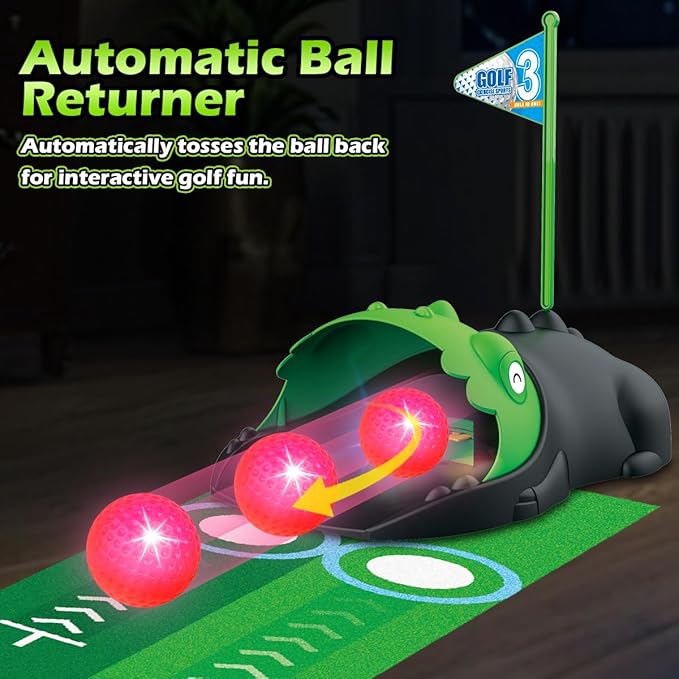 Upgraded Kids Toy Golf Set with Dinosaur Automatic Golf Returner, Led Light Up Night Golf Balls, 3 Clubs, Putting Mat, 3-8 Toddler Mini Golf Games, Indoor Outdoor Sports Toys for Boys Girls 3+