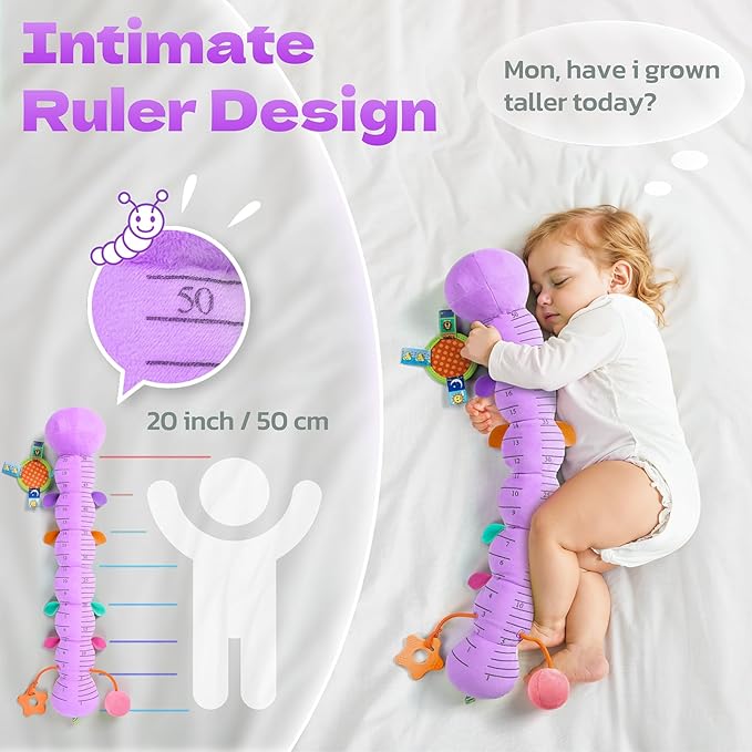 HEMRLY Baby Sensory Toy 0-6 Months, Musical Stuffed Caterpillar Plush with Teether, Crinkle, Rattle, Baby Mirror for Tummy Time, Infant Car Seat Toy for 0-3-6-12 Month Boys Girls Gifts - Leaf Purple