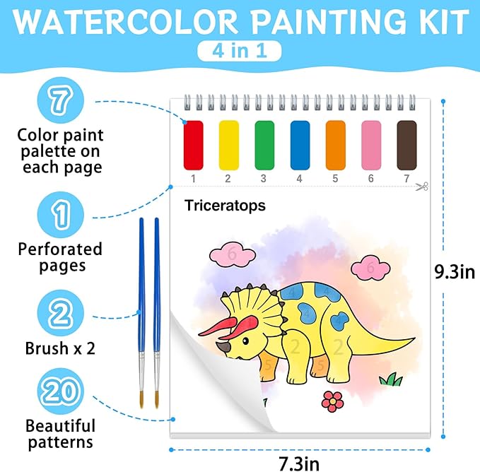 Paint with Water Coloring Books for Toddlers, Dinosaurs Theme Mess Free Watercolor Painting Papers for Kids Water Color Paint Kit Art Craft Birthday Gift for Ages 1-3, 4-8