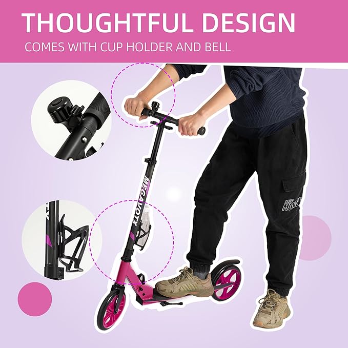 Foldable Kids Scooter with 8 inch Sturdy Wheels - Scooters for Kids, Teens, Adults Ages 8+, Adjustable Handlebar, Gift for Boys&Girls, 220lbs Max Load, Bearing ABEC7,Cup Holder