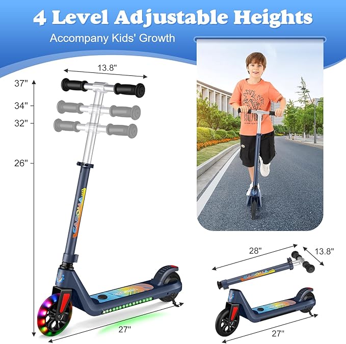Caroma Electric Scooter for Kids Ages 6-14, 180W/150W Motor & 10 Mph, 85 Mins Ride Time, Adjustable Height & Speed, LED Display & Colorful Lights, Kids Electric Scooter, Best Gifts for Girls and Boy