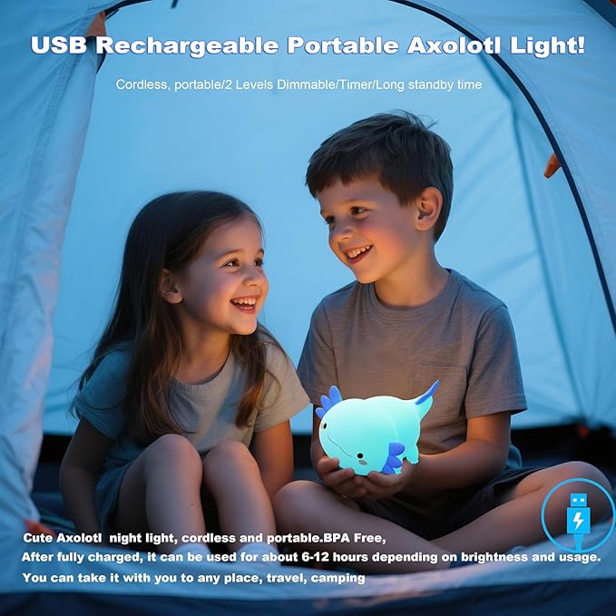 HAPPYBAG Axolotl Night Light,Cute Axolotl lamp Gifts for Kids,Dimmable Silicone Animal Nursery Night Light,Kawaii Rechargeable Bedside Touch Lamp,Baby Room Decor Axolotl Light