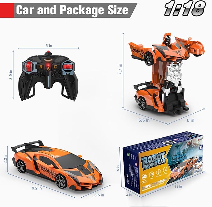 BLUEJAY Transform Rc Cars for Boys 4-7 8-12, 2.4Ghz 1:18 Scale Remote Control Car Transforming Robot, One-Button Deformation 360° Rotation and Drift Car Toy Gifts for Boys 3-5 (Orange)