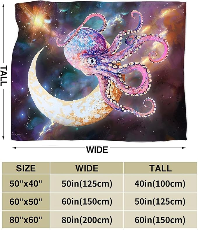 Octopus Blanket Fleece Soft Warm Plush Octopus Moon Galaxy Throw Blanket Lightweight Plush Fuzzy Cozy Funny Animal Blankets for Lover Kids Adult Suitable for Couch Sofa Bed 50"X40"