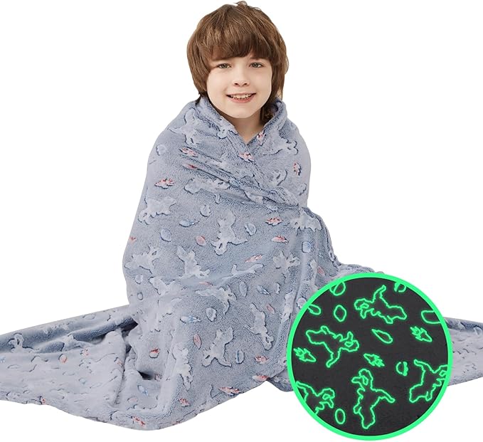 Viviland Kids Throw Blanket Glow in The Dark, Dinosaur Toddler Blankets for Boys, Soft Warm Lightweight Plush Throw Blanket Fleece for Sofa Chair Couch Bed Gift for Kids, 50" x 60"