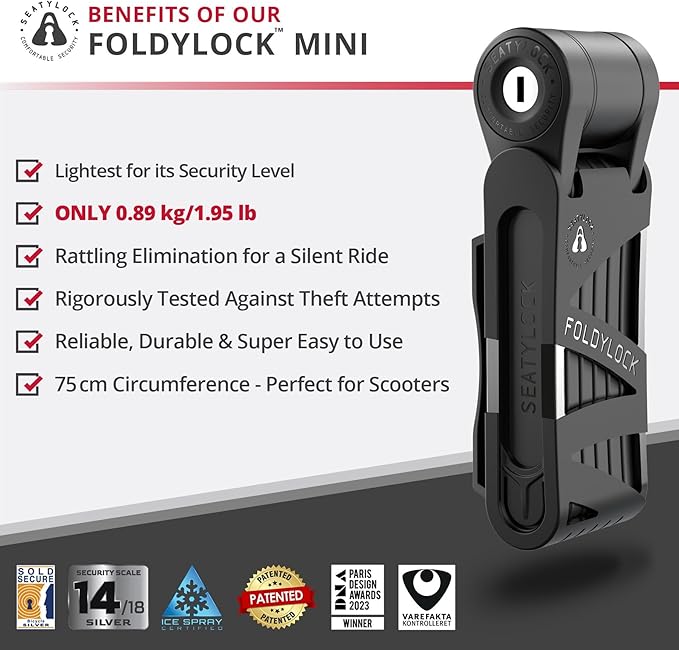 Seatylock FoldyLock Mini Folding Bike Lock - Patented Lightweight Bicycle Lock - Heavy Duty Anti Theft Guard with Key for Electric Scooter & City Bikes