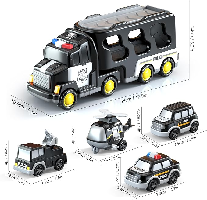 5 in 1 Police Trucks Cars Toys for Toddlers 3-5, Boy Toddler Car Truck Toys with Light Sound, Birthday Gifts Toys for 3 4 5 6 Year Old Boy, Transport Carrier Truck for Toddlers 3-5 Years