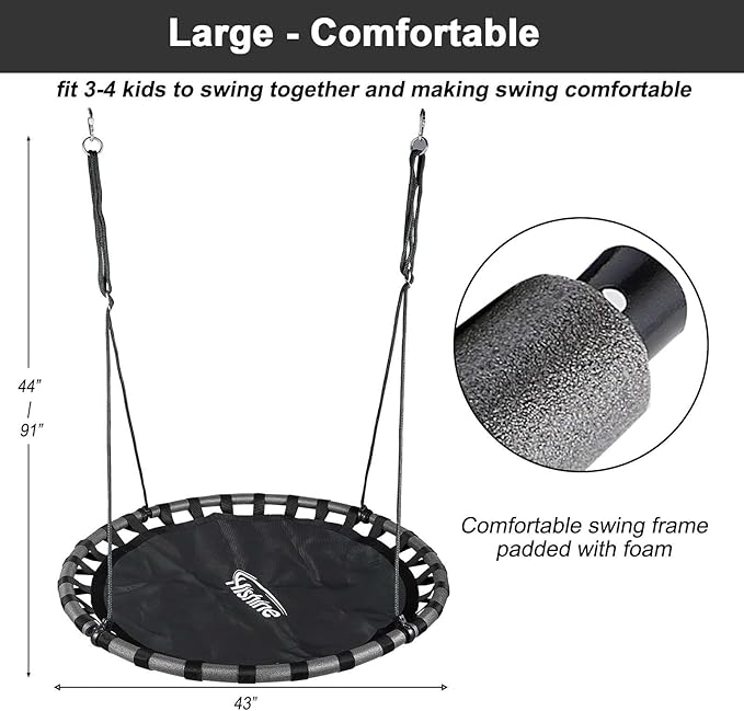 43 inch Black Saucer Tree Swing for Kids,Flying Round Swing Waterproof and All-Weather Resistant,PP Mat,Adjustable Strong Ropes,Easy to Install,Outdoor Playground Backyard