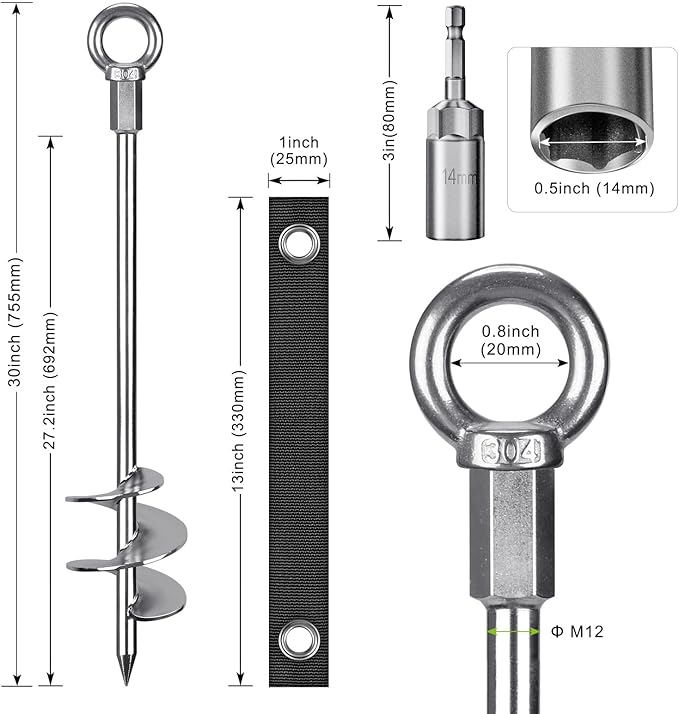 Fully Welded Ground Trampoline Anchors, 30'' Spiral Mobile Home Anchors, 2pcs Earth Anchor Heavy Duty Shed Anchor Kit with Straps for Securing Swing Sets, Animals, Trees, Tents, Shed, Carport