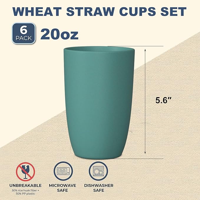 Wheat Straw Cups 6 PCS Good Alternative to Plastic Reusable Cups 20 oz Unbreakable Drinking Cup Reusable Dishwasher Safe Water Plastic Glasses Green