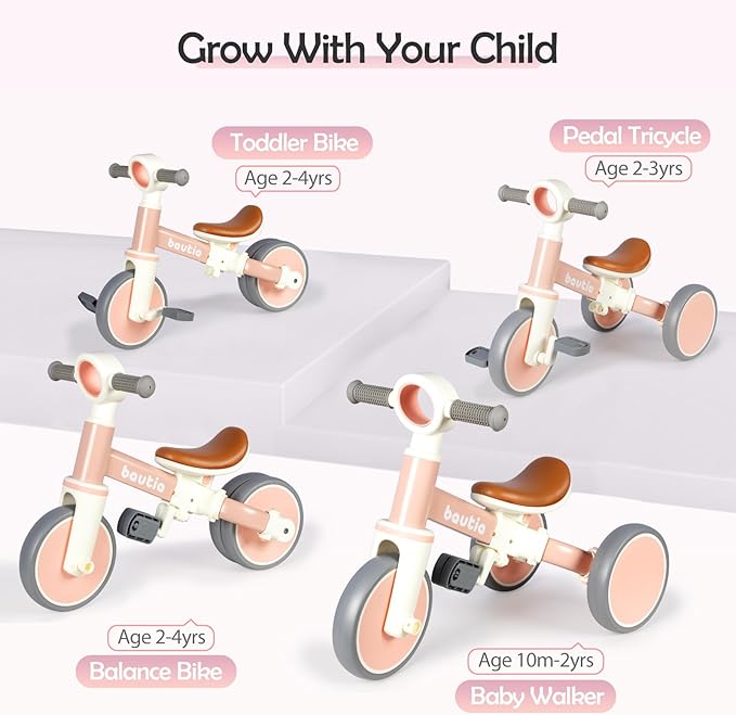 Tricycle for Toddlers 1-3, 4 in 1 Baby Balance Bike 1 2 Year Old Boy Girl Gift, Kids Bicycle Toy with Removable Pedals