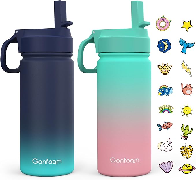 Kids Water Bottle, 2-Pack 16oz Water Bottles with Stickers and Straw, Stainless Steel Vacuum Insulated cup, Kids Water Bottle for School, Gifts for Boys and Girls(Blue/Green)