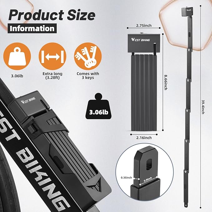 ICOCOPRO Folding Bike Lock, 3.28 FT Heavy Duty Bike Locks with Bracket & 3 Keys, High Security Anti Theft Bike Chian Lock for E Bike Scooter, MTB, Racing Bike, Motorcycle (Black)