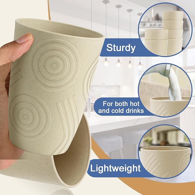 Wheat Straw Cups 6 PCS - 16 OZ Cup Set, Unbreakable Drinking Glasses, Kids Cup Set for Kitchen, Alternative to Plastic Cups Reusable Dishwasher Safe Water Tumbler (Beige)