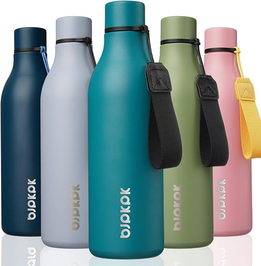 BJPKPK Insulated Water Bottles, 25 oz Stainless Steel Metal Water Bottle with Strap, BPA Free Leak Proof Thermos, Mugs, Flasks, Reusable Water Bottle for Sports & Travel, Lake Blue