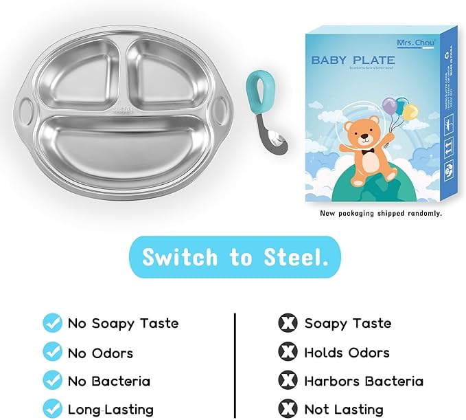 Mrs. Chou® Stainless Steel Kids Plates Suction Plates Divided Baby Plates Toddler Plate, Ideal for Infant Baby-Led Weaning Bowls Non-Toxic Feeding Supplies Dishwasher Safe BPA-Free 100% Food-Grade