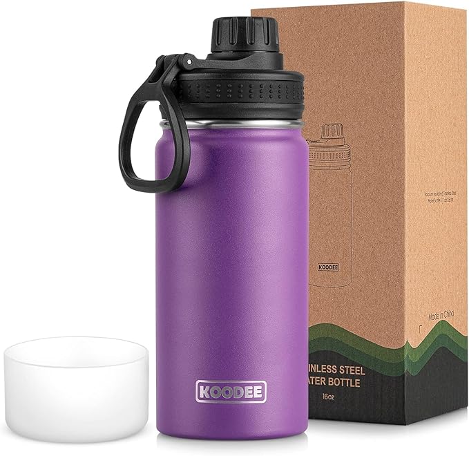 koodee Kids Water Bottle-16 oz Stainless Steel Double Wall Vacuum Insulated Water Bottle for School, Reusable Wide Mouth Sports Water Flask with Leakproof Spout Lid-BPA Free(Purple)