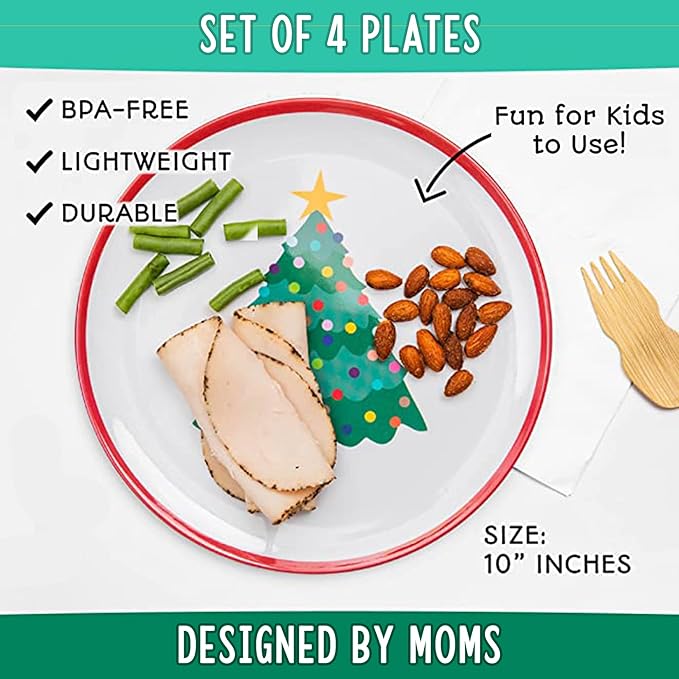 Tiny Expressions – Holiday Plates for Kids with Colorful Christmas Tree| Set of 4 Melamine Dishes for Children
