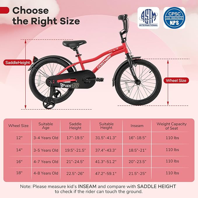 COSTWAY 12/14/16/18 Inch Kids Bike, Children Toddler Bicycle with Training Wheels, Adjustable Seat & Handlebar, Handbrake & Coaster Brake, Reflectors, Bell, Suitable for 3-8 Years Old Boys Girls