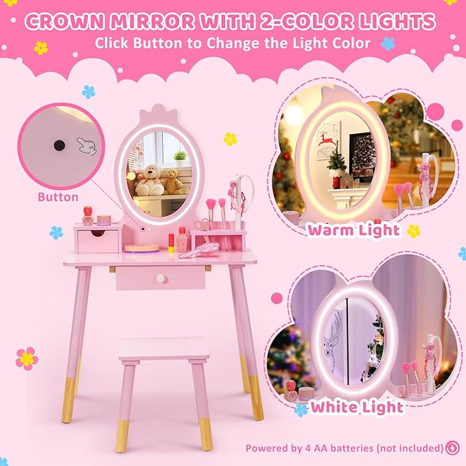 Kids Vanity Set with Lighted Mirror, Princess Make Up Dressing Table and Stool Set w/Jewelry Storage Rack & Make Up Brush Holder, Wooden Children Vanity Table Pretend Playset for Girls