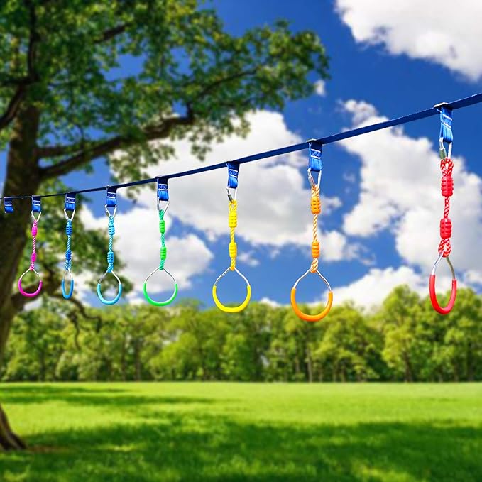 Rainbow Craft 7-Pack Colorful Ninja Rings - Gymnastic Ring, Swing Bar Ring, Monkey Rings for Backyard Ninja Warrior Obstacle Slackline Kits