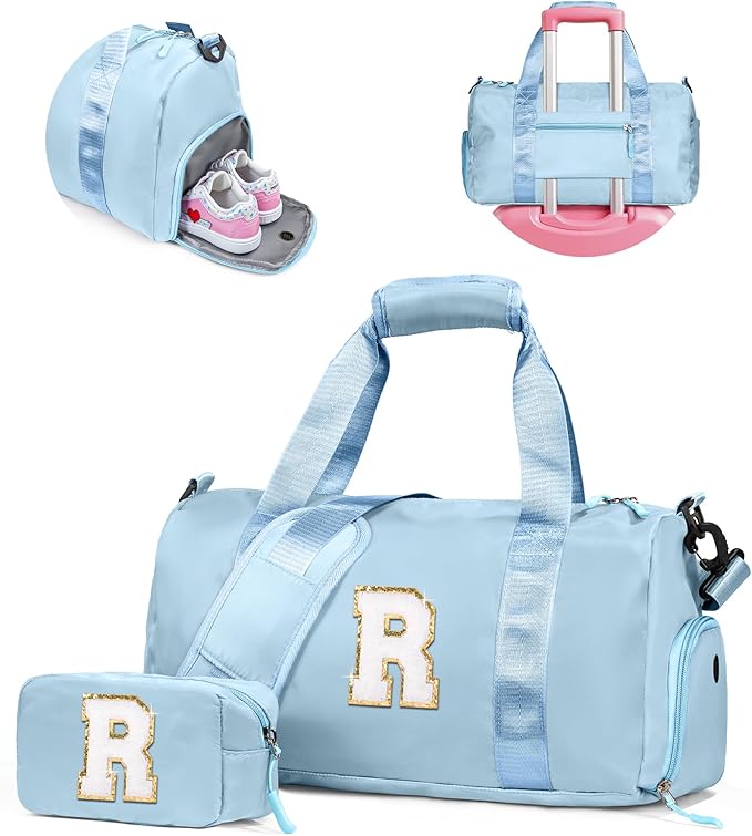Stocking Stuffers for Kids-Girl Gym Bag with Shoe Compartment, Kid Personalized Weekender Overnight Bags, Initial Travel Tote with Makeup Pouch, Gifts for 7 Year Old Girls (Letter R)