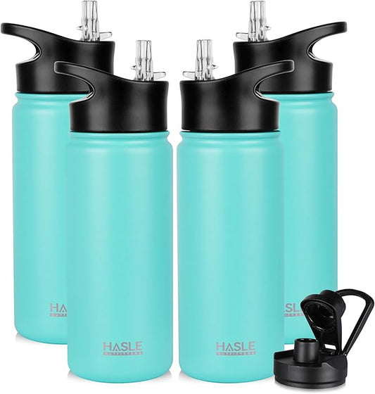 HASLE OUTFITTERS Insulated Water Bottle Kids 16 oz Double Wall Vacuum Stainless Steel Water Bottle Leak Proof for School Wide Mouth with Straw Lid & Spout Lid Keeps Cold and Hot(Mint Green,4pack)