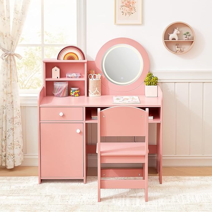 Toddler Vanity with Lighted Mirror, Kids Vanity Table and Chair Set with Open Bookshelf, Storage Cabinet & Shelves, Pink Dressing Table for Girls