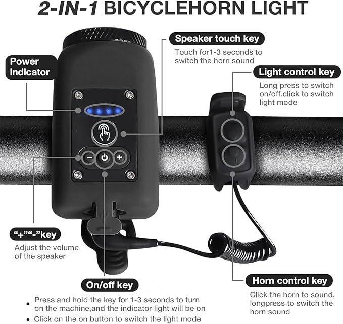 Bike Horn, Bicycle Horn with Large Range Floodlight, IPX5 Waterproof with USB Rechargeable Bike Electronic Horn