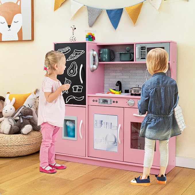 Costzon Kids Kitchen Playset, Wooden Pretend Cooking Toy Set w/Realistic Sound, Large Blackboard, Telephone, Microwave, Ice Maker, Dishwasher, Oven, Storage Space, Play Kitchen for Kids Ages 3+ (Pink)
