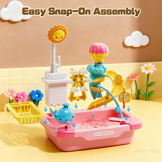 CUTE STONE Play Kitchen Sink with Running Water, Toddler Play Sink for Kids, Toy Sink with Electric Faucet, Fishing Game, Pretend Dishwasher, Water Table Toys & Kitchen Accessories for Girls