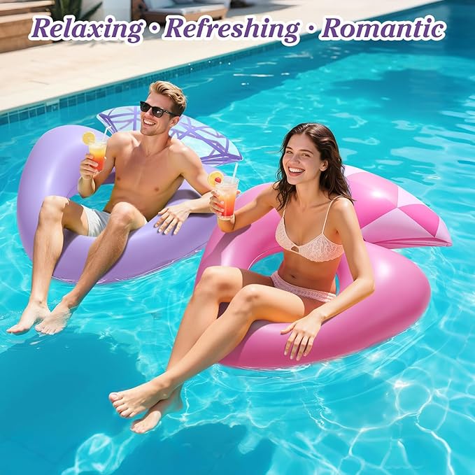 HeySplash Pool Floats, Inflatable Diamond Ring Pool Float, Large Engagement Ring Floatie for Bachelorette Party, Heart Shaped Swim Tube River Lake Beach Bride Wedding Decor Fun Toy Raft Adults, Purple