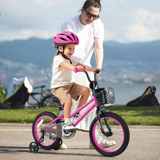 BABY JOY Starry Kids Bike, 12 14 16 18 Inch Bicycle with Training Wheels, Storage Basket, Adjustable Handlebar & Seat, Handbrake & Coaster Brake, Girls Boys Bike