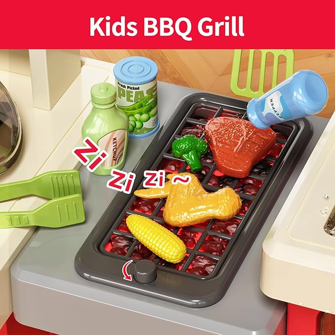 Kids Kitchen Playset, Play Kitchen with Stove, Grill, Sink, Play Food, ToyKitchen Accessories, Cooking Kitchen with Lights Sound Steam, Pretend Play Toys for Kids Toddler
